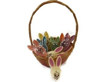 RARE Vintage Easter Bunny Ornaments & Easter Basket- plastic, bunny head, rabbit head, set of 12 - 1970s - candy container, jelly beans