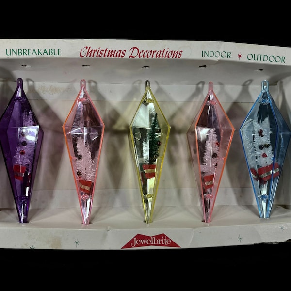Vintage JewelBrite Christmas Ornaments - set of 5, plastic icicles, pink, purple, blue, gold, diorama, box- mid century, holiday, tree decor