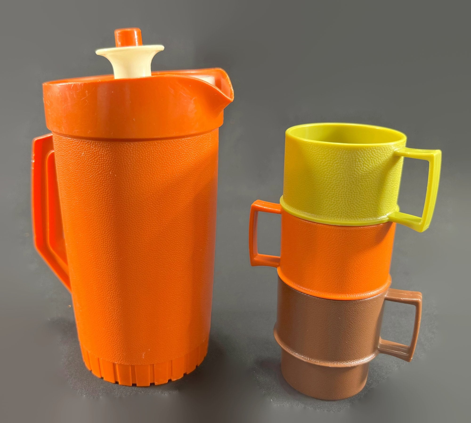 Vintage Tupperware Toy Pitcher, 3 Cups- MINI, Orange, Green, Brown