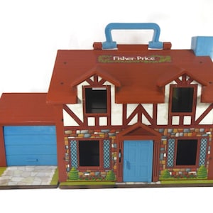 Vintage Fisher Price Play Family House - Little People, garage, doorbell, 1980, #952, tudor style home - retro, child&#39;s, toy, kids, children