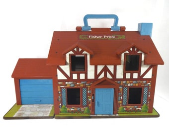 Vintage Fisher Price Play Family House - Little People, garage, doorbell, 1980, #952, tudor style home - retro, child's, toy, kids, children