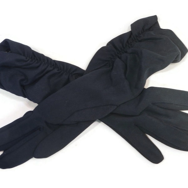 Vintage Women's Ladies Navy Blue Gloves - Hansen, nylasuede, size 6-1/2, ruched wrist - 1950s, 1960s - dressy, classic, elastic shirring