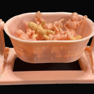 Vintage Dollhouse Miniature Baby Bassinet & 9 &quot;babies&quot; - swinging baby cradle, crib, 1950s-60s -dollhouse furniture - doll house nursery