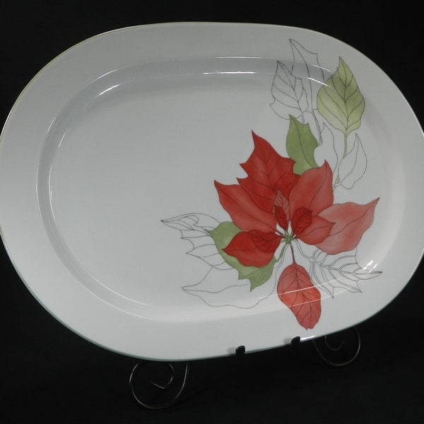 Vintage Poinsettia Serving Platter - 1982, Christmas, by Goertzen, Watercolors Block Spal, Portugal - holiday, dinnerware, serving, plate