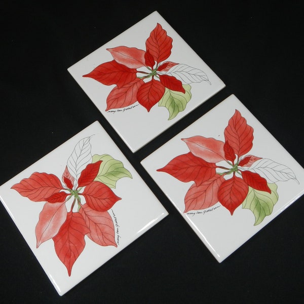 Vintage Poinsettia Trivets or Coasters, set of 3- 1982, Christmas, Goertzen, Watercolors Block Spal, Portugal- holiday, dinnerware,hot plate