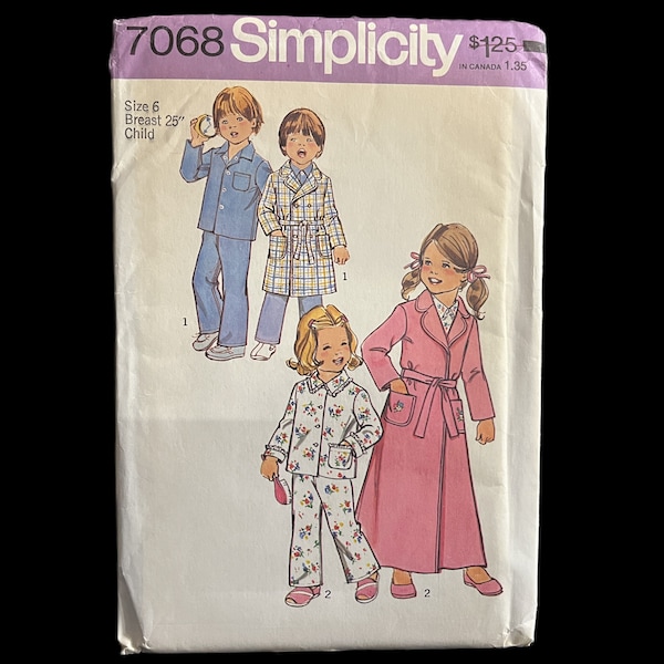Vintage Simplicity Sewing Pattern 7068 - Child's Robe and Pajamas, Size 6 , 2 lengths, 1975, girls, boys - children's, kids', DIY clothing
