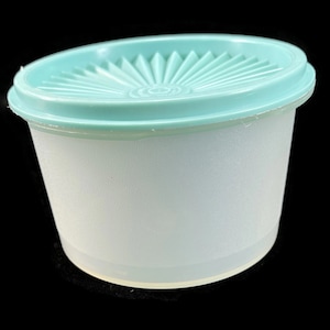 May include: A white plastic container with a light blue lid. The lid has a fan-shaped design.