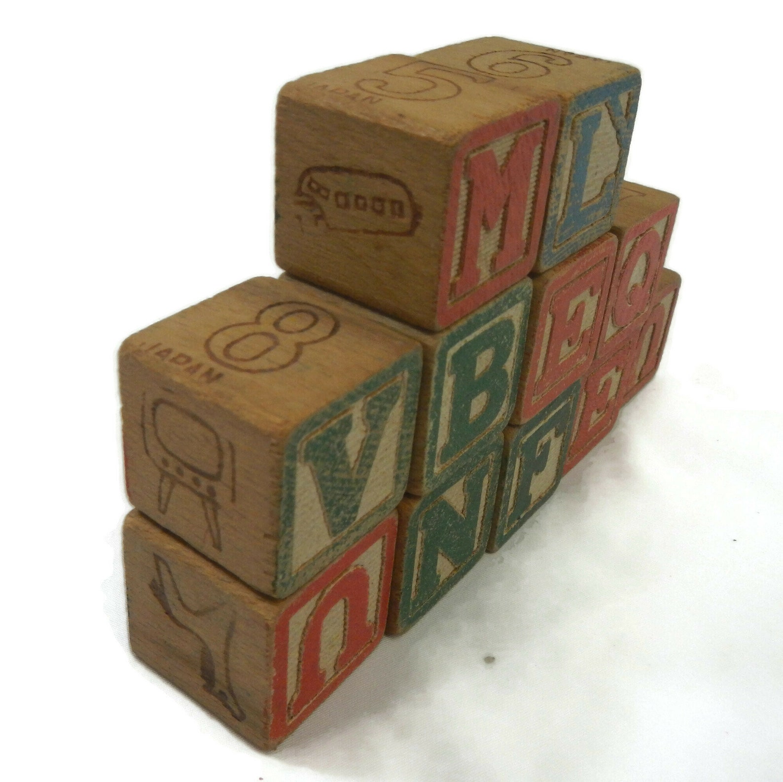 Vintage Wooden Building Blocks 1.25 Sq, Set of 11, Japan, Red, Green
