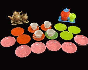 Vintage Dollhouse Miniature Dishes -plastic, blue, green, red, pink, gold- plates, tray, teapots, creamers, cups, saucers, made in Hong Kong