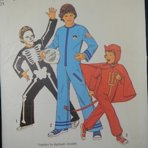 Vintage Simplicity Sewing Pattern 6696, Children's Halloween Costume - size M 7-8, skeleton, devil, astronaut, 1974, - kid's, space, 1970s