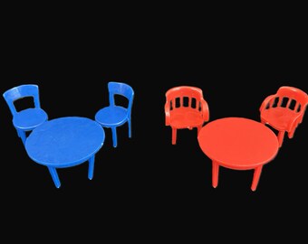 Vintage Dollhouse Miniature Table & Chairs set - CHOICE red, blue - Marx plastic -  kitchen table, dining room, mini furniture, collectible