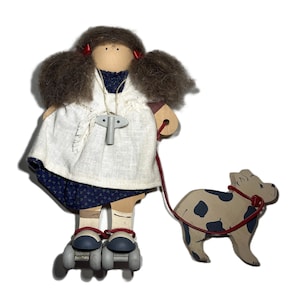 Vintage Lizzie High Doll - Katie Bowman, 1986, girl on roller skates with dog Barney - wooden folk art, retired collectible, skate key