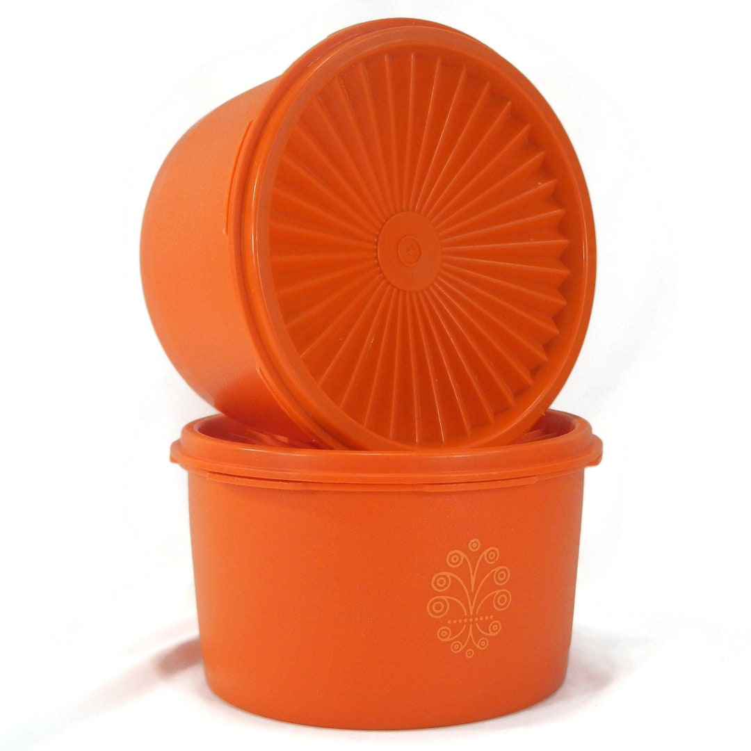 Vintage Tupperware Orange Midi Canister, Lid Set of 2, 1298, 1960s