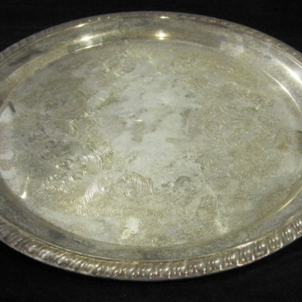 Vintage Sheridan Taunton Silversmiths Ltd E. P Brass Tray - round -1970s -12" diam., marked, floral, flowers, scroll, home decor, housewares