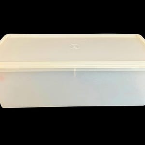 May include: A rectangular, semi-translucent white plastic storage container with a matching fitted lid. The container features a flat top surface with a centered circular embossed detail and smooth, tapered sides, providing a simple storage solution.