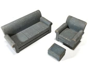 Vintage RARE Dollhouse Sofa, Chair & Ottoman - blue/gray color, 1930s-40s, wooden - dollhouse furniture, couch, living room set, not marked