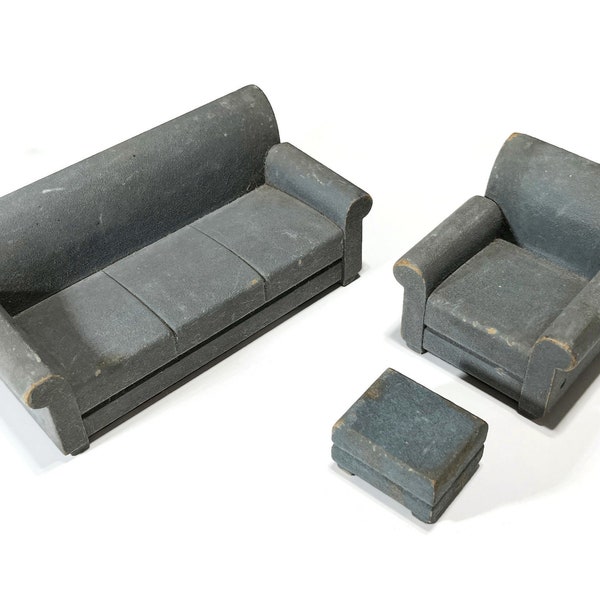 Vintage RARE Dollhouse Sofa, Chair & Ottoman - blue/gray color, 1930s-40s, wooden - dollhouse furniture, couch, living room set, not marked