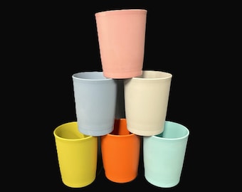 Vintage Tupperware Tumblers - set of 6, green, orange, lt. blue, country blue, pink, gray, 6 oz- juice, snack cup, kids, children, drinkware