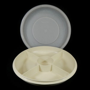 Vintage Tupperware Small Serving Center Tray, Lid - 1708, 1709, almond, sheer - divided, serving, relish, veggies, party, buffet, storage