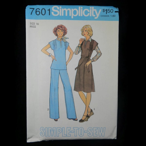 Vintage Simplicity's Sewing Pattern 7601 - Misses' Pullover Dress, Jumper or Top and Pants, Simple to Sew, 1976, Plus Size 16- womens, retro