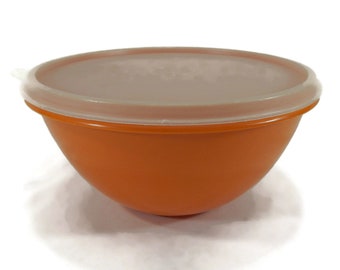 Vintage Tupperware 7" Wonderlier Bowl, Lid - orange, sheer, 235, 228 - collectible, retro, kitchen, leftovers, food storage, pantry