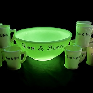 RARE Vintage Tom & Jerry Punch Bowl, 12 Mug Set - glowy custard glass, McKee, 1930s - Christmas, holiday, party, eggnog drink, serveware