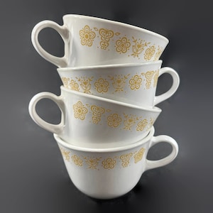Vintage Corelle Butterfly Gold Coffee Cups, set of 4 - white, golden, by Corning, 1970s, stained - mugs, tea, pyrex, corningware, retro