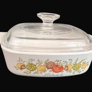 Vintage CorningWare Spice of Life Square Casserole Dish with Lid, A-1-B, L&#39;Echalote -retro kitchen, ovenware,white, cooking,baking, 70s, 80s