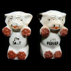 Vintage Bonzo Dog Salt & Pepper Shakers - white, brown, black, Japan, 1930s - collectible, collector, kitchen decor, pet, kitsch, animal