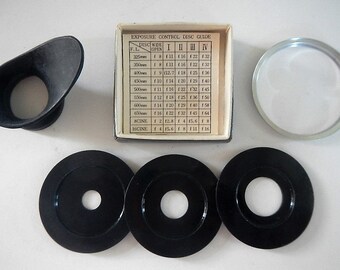 Vintage Minolta Camera Photography Lot - exposure control discs, lens adapter, eye protector - 1960s -Japan, retro photo, camera accessories