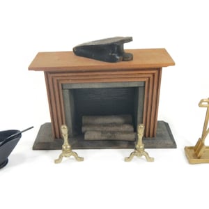 Vintage Miniature Dollhouse Fireplace, Logs - Reevesline wood dollhouse furniture - Shackman fireplace tools, bellows, coal hod, andirons