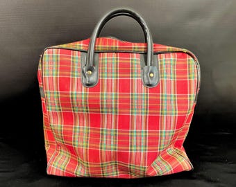 Vintage Red Plaid Lunch Tote Bag, Retro Fabric & Vinyl Thermos Carrier with Black Handles, 1960s–1970s Tartan Soft-Sided Picnic Bag MCM
