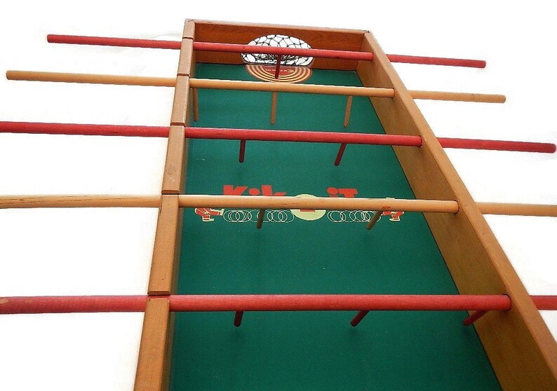Vintage Carrom Kik It Foosball Game No Ntk7 6 Player Sticks Wooden Nets Soccer Green Red Yellow Game Room Decor Mancave Wood