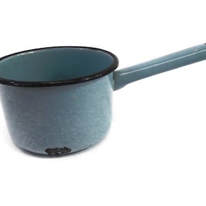 Vintage Enamelware Sauce Pan Pot - pale blue, black trim - 1950s- retro kitchen,rustic, country kitchen,primitive,camping, farmhouse,cottage