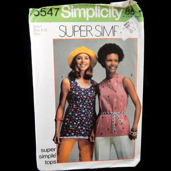 Vintage Simplicity Sewing Pattern 5547 -Misses' Super Simple Top - size small, 8-10, 1973 - easy to make, summer wear, sleeveless top