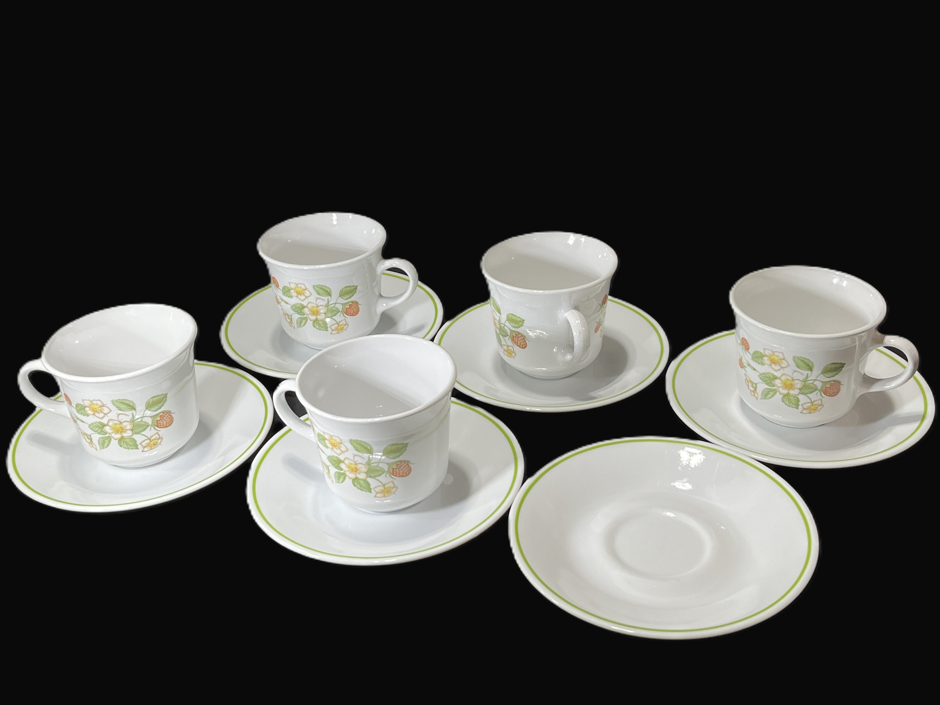 Vintage Corelle Strawberry Sundae Cups & Saucers - Set of 5 Cups, 6 ...