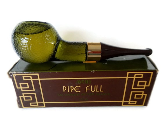 Vintage Avon Pipe Full Tai Winds After Shave green glass 1970s decanter, cologne, smoking, mens, man cave decor, tobacciana, in box Vintage Avon Pipe Full Tai Winds After Shave green glass 1970s decanter, cologne, smoking, mens, man cave decor, tobacciana, in box