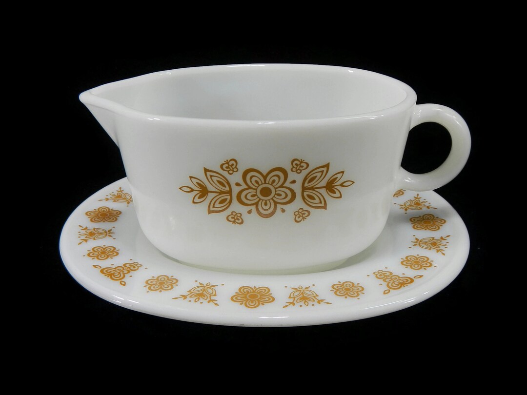 Vintage Pyrex Butterfly Gold Gravy Boat, Saucer 1970s, Thick White Milk