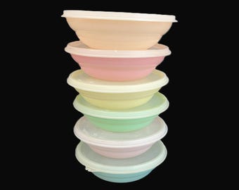 Vintage Tupperware 6 Pastel Cereal Bowls, Lids - blue, pink, green, yellow, orange, sheer - collectible, kitchen, plastic, children, retro