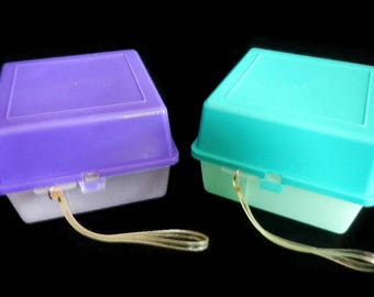 Vintage Plastic Lunch Container - CHOICE of purple or aqua - lunchbox, hinged, divider,divided, retro,storage, camping,kids, travel,sandwich