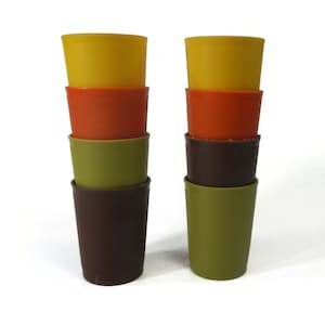 Vintage Tupperware Toy Tumblers, Glasses - MINI, yellow, brown, green, orange, 1980s, #1400 - pretend play, children&#39;s set, stackable