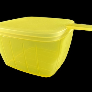 Vintage Tupperware Forget Me Not Square Cheese Container - yellow, hanging, cheese keeper - fridge storage, kitchen, veggie keeper, leftover
