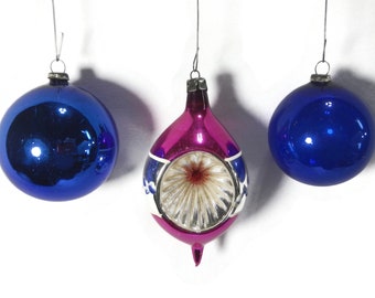 Vintage Christmas Ornaments, set of 3 - teardrop, indent, round, Poland, Japan, blue, pink, silver - mid century, holiday decor, Xmas tree