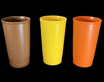 Vintage Tupperware Tumblers or Glasses, set of 3 - orange, yellow, brown, #873 - pantry, retro kitchen, camp, boat, plastic drinkware, kids