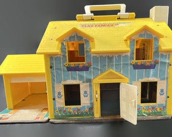 Vintage Fisher Price Play Family House - NO accessories, Very Worn, 1969, #952 - blue, yellow, little people, retro, child's, toy, kids