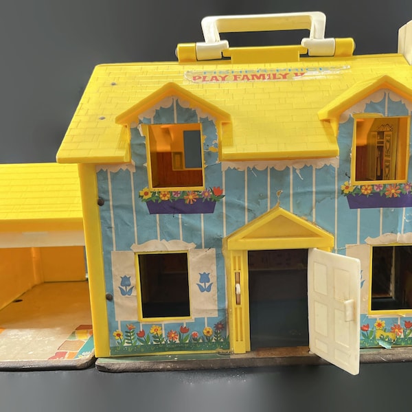 Vintage Fisher Price Play Family House - NO accessories, Very Worn, 1969, #952 - blue, yellow, little people, retro, child's, toy, kids