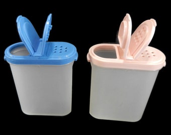 Vintage Tupperware Spice Container, shaker - CHOICE of 1, oval, sheer, pink or blue lid, 4&quot; tall, 1844, 1845, 1846 - pantry, food storage