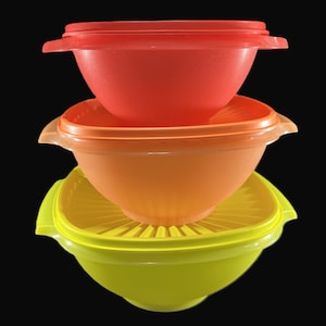 Vintage Set of 3 Tupperware Servalier Bowls, Lids- 8&quot; #836 chartreuse, 7&quot; #838 orange, 6&quot; #840 pink/red- leftover container, storage, pantry