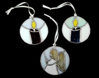 Vintage Stained Glass Ornaments, CHOICE - set of 2 candles OR angel, flat, round, handmade, red, white, gold, blue - window, sun catcher