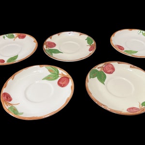 Vintage Franciscan Ware Apple Saucers - set of 5, 6&quot; diam, 1940s-1950s, apples, beige, red, ceramic - dining, kitchen, dinnerware, USA made